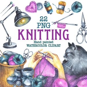 Knitting Watercolor Clipart, Crochet clipart, Knitting needles, Needlework png, Scissors, Knit logo design, Basket, Watercolor cat, Baby png