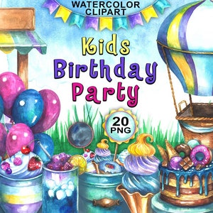Festa de aniversário infantil, clipart aquarela, balão de ar quente, clipart png, balões, banners, carro de sobremesa de mercado de rua, bolo, festa de sorvete