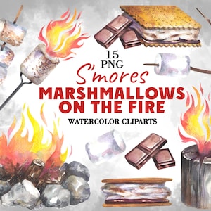 Marshmallow sul fuoco, clipart acquerello png, clipart S'mores, clipart campeggio falò, grafica da campeggio, campo estivo di Smores marshmallow tostato