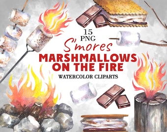 Marshmallows on the fire, Watercolor clipart png, S'mores Clipart, Campfire Clipart Camping Graphics, Smores Summer Camp Toasted marshmallow