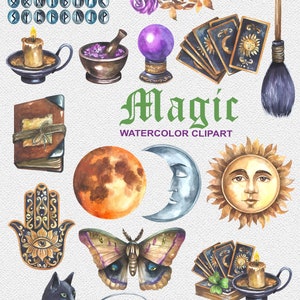 Pu&ograve; includere: Set di clipart ad acquerello con un tema magico. Include un gatto nero, un calderone, la luna, il sole, cristalli, carte dei tarocchi, una scopa da strega, un libro, una mano con un occhio, una falena, un fungo, una chiave, una rosa, una candela, una sfera di cristallo, rune e una tavola ouija. Il testo "Magic Watercolor Clipart" &egrave; incluso nell'immagine.