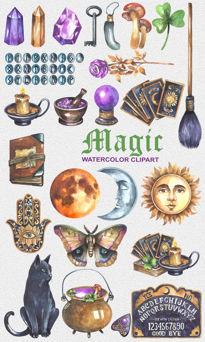 Pu&ograve; includere: Set di clipart ad acquerello con un tema magico. Include un gatto nero, un calderone, la luna, il sole, cristalli, carte dei tarocchi, una scopa da strega, un libro, una mano con un occhio, una falena, un fungo, una chiave, una rosa, una candela, una sfera di cristallo, rune e una tavola ouija. Il testo "Magic Watercolor Clipart" &egrave; incluso nell'immagine.