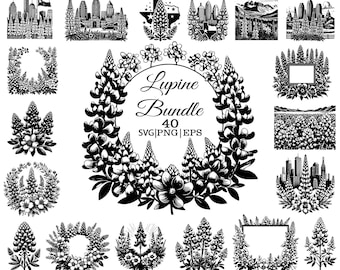 Lupine Bluebonnet Svg, Png, Eps, Bundle clipart for Cricut, vector black and white illustration Texas symbol Wild flowers instant download