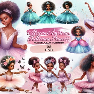 Watercolor Pink Turquoise Ballerina Clipart, Ballet Girl Black Baby Sublimation African American Ballerina Princess Birthday Png little Girl