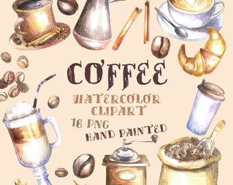 Clipart de café em aquarela: Latte, caneca, grãos (download digital em PNG)