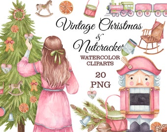 Vintage Christmas Nutcracker Watercolor Clipart: Retro German Toys (PNG)