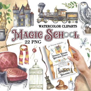 Magic school Watercolor clipart, Magical Wizard Birthday Party Invitation, Witch, Castle, Potions, Halloween, Magic Party, Wizarding school