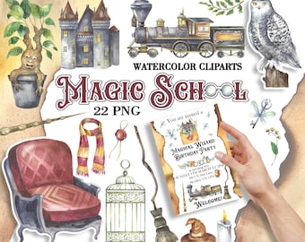Clipart de la Escuela de Magia en Acuarela: Fiesta de Cumpleaños del Mago (22 PNG)