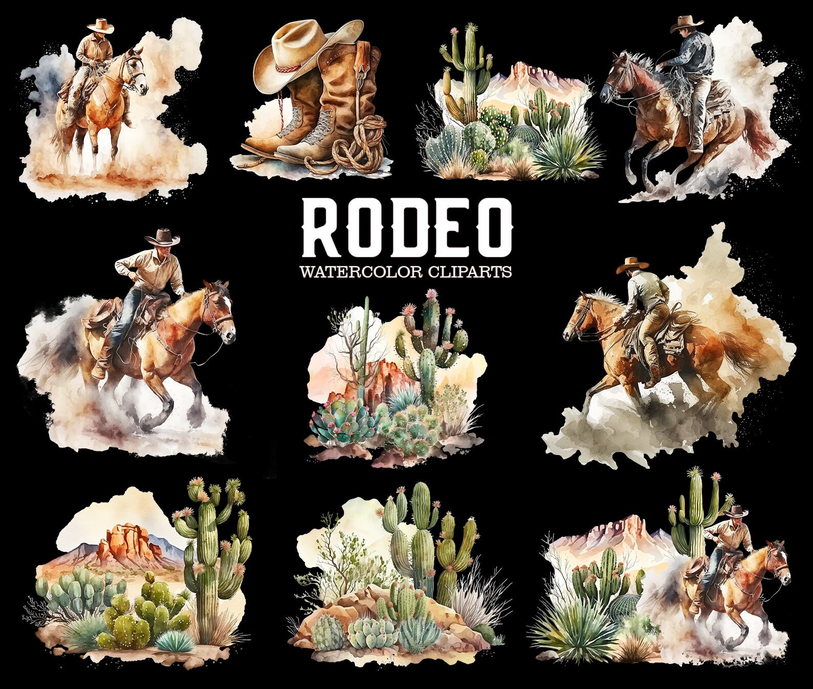 Watercolor Rodeo Clipart: Western Cowboy, Horse, Cactus (PNG Digital ...