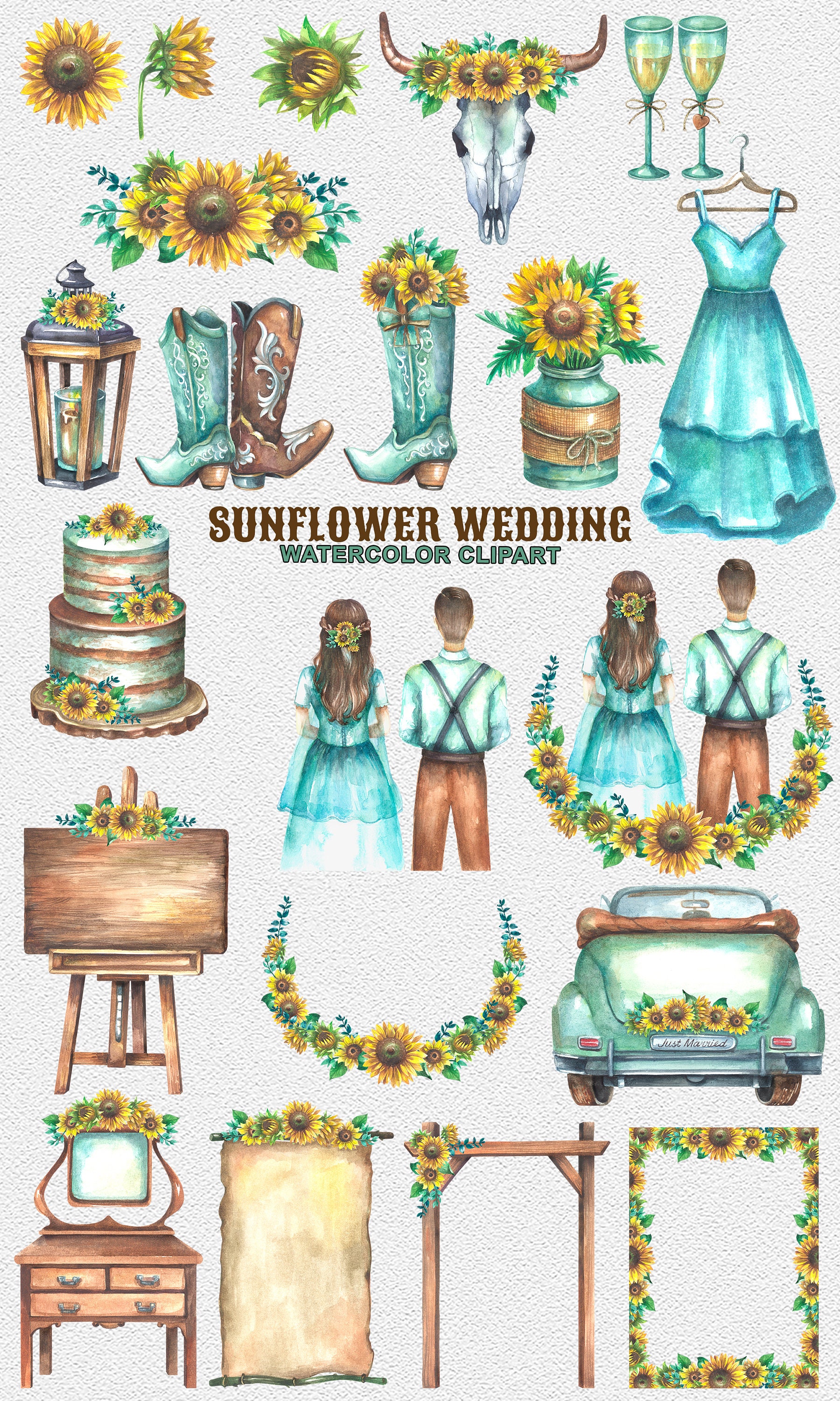 Sunflower Wedding Clipart, Watercolor Png, Wedding Car, Watercolor