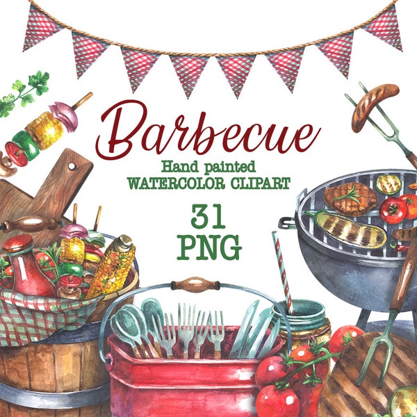 Barbecue Watercolor clipart, Food clipart, BBQ png, American Culture, Grill clipart, Picnic clipart, Grill transparent, Grill party set
