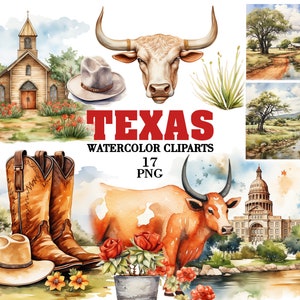 Texas acquerello clipart png, Longhorn, paesaggio del Texas, Stati Uniti d'America, stivali da cowboy, cappello, clipart di viaggio, chiesa di legno, Texas State Capitol, Western
