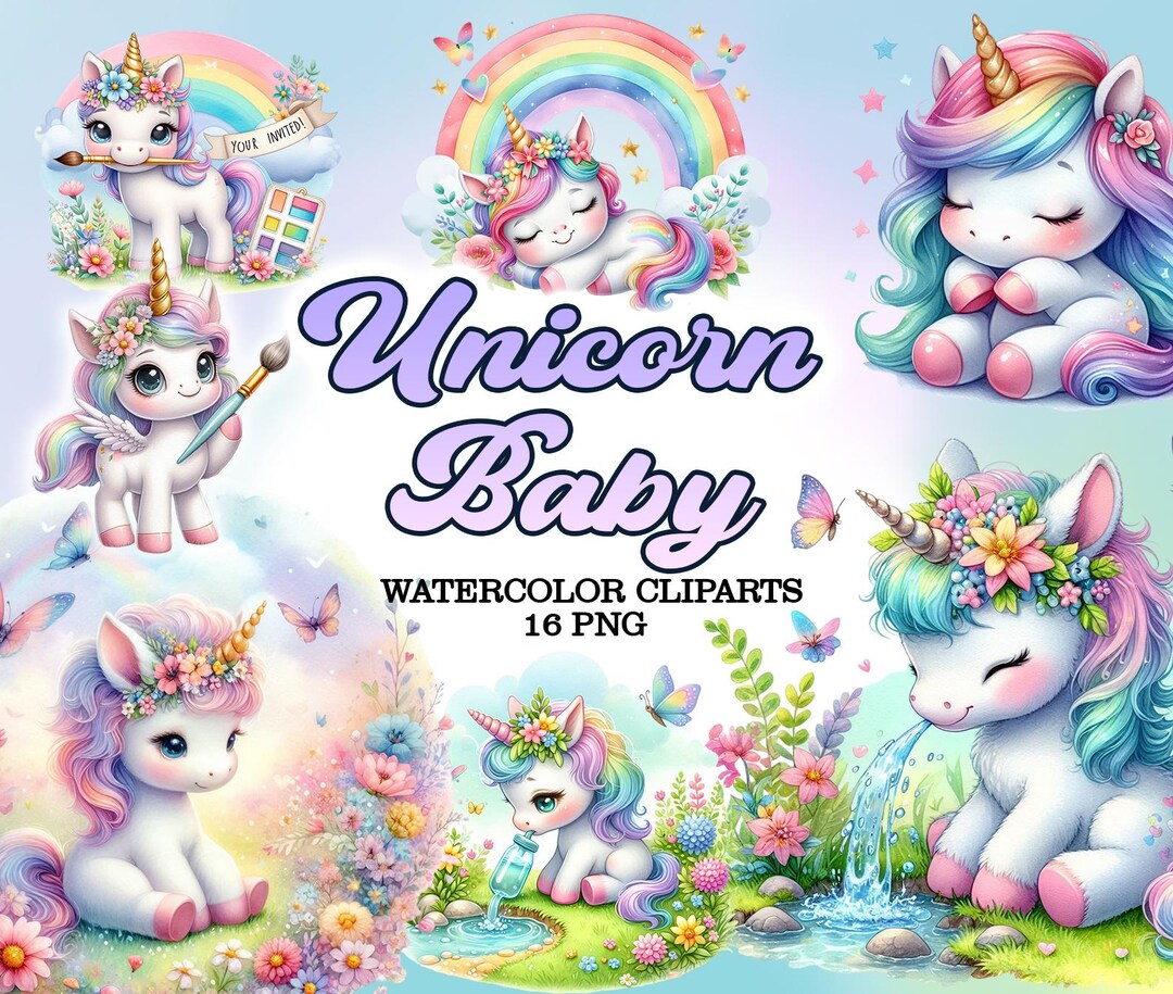 Unicorn Baby Watercolor Clipart Png, Rainbow Unicorn, Party Clipart ...