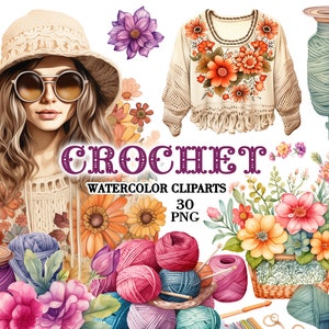 Gehäkelte Aquarell Clipart png, Stricken Clipart, Basteln, Nähen, Boho Blumen, Fashion Clipart, Vintage, Häkeln Art Logo, häkeln, Planer