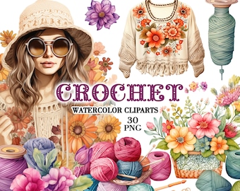 Clipart de crochet en acuarela: Flores bohemias, moda vintage (Descarga digital PNG)