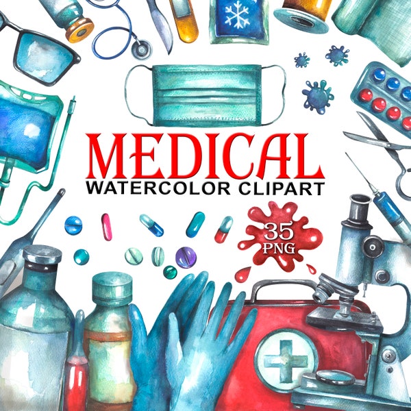 Watercolor Medical Clipart, Medicine png, Doctor clipart, Hospital clipart, Face mask, Quarantine clipart, Healthcare, Medical illustration