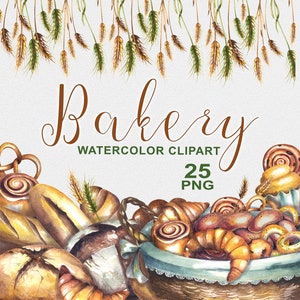 Aquarell Brot Clipart, Bäckerei Aquarell Clipart, Kuchen Clipart, Essen Clipart, Croissant png, Backen Clipart, Bäckerei Logo, Aquarell Menü