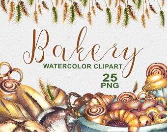 Watercolor Bakery Clipart: Bread, Cake, Croissant (PNG Digital Download)