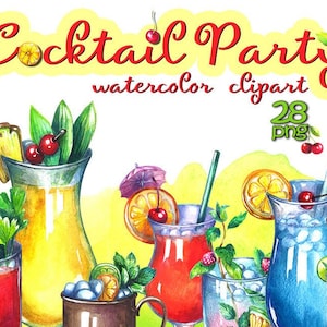 Imágenes prediseñadas de acuarela de cócteles, imágenes prediseñadas de bebidas, imágenes prediseñadas de verano, cóctel, fiesta en la playa digital, imágenes prediseñadas de invitación, imágenes prediseñadas de alcohol