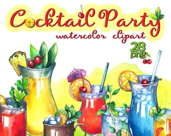 Clipart di cocktail acquerellati: bevande estive, festa in spiaggia (download digitale)