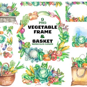 Watercolor Vegetable Clipart: Harvest Basket & Frames (PNG Digital Download)