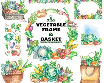 Watercolor Vegetable Clipart: Harvest Basket & Frames (PNG Digital Download)