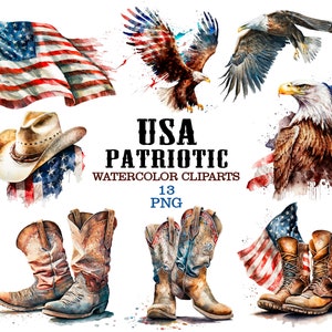 Op de afbeelding: Watercolor clipart set met patriottische thema's. Bevat afbeeldingen van de Amerikaanse vlag, adelaars, cowboylaarzen en een cowboyhoed. De tekst "USA PATRIOTIC WATERCOLOR CLIPARTS 13 PNG" is ook inbegrepen.