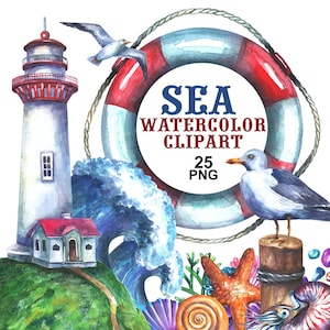 Meer Aquarell Clipart, Leben im Meer, handbemalt, Muscheln, Seepferdchen, Seestern, Muschel, Leuchtturm, Unterwasser, Delfin