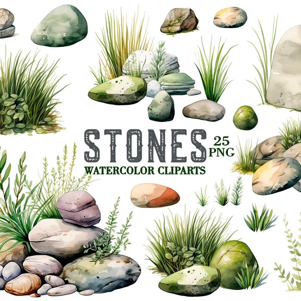 Stones watercolor clipart png, Rock clipart, Landscape, Nature, Meditation, Boho, Spa, Grave stone, stepping stones, Natural stone, Boulder