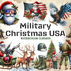 May include: Watercolor clipart set with a military Christmas theme. Santa Claus figures in military attire, an American flag, an eagle, and soldiers are featured. The text "Military Christmas USA" is displayed.