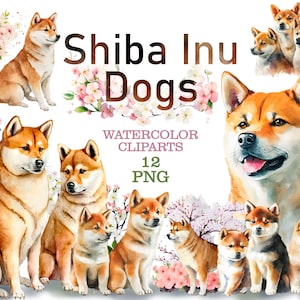 Shiba Inu Hunde Aquarell Clipart, Shiba Inu png, Hunde Einladung, Hunde mit Blumen Shiba Inu Welpen Set Hunde Art Print japanischer Hund Sakura