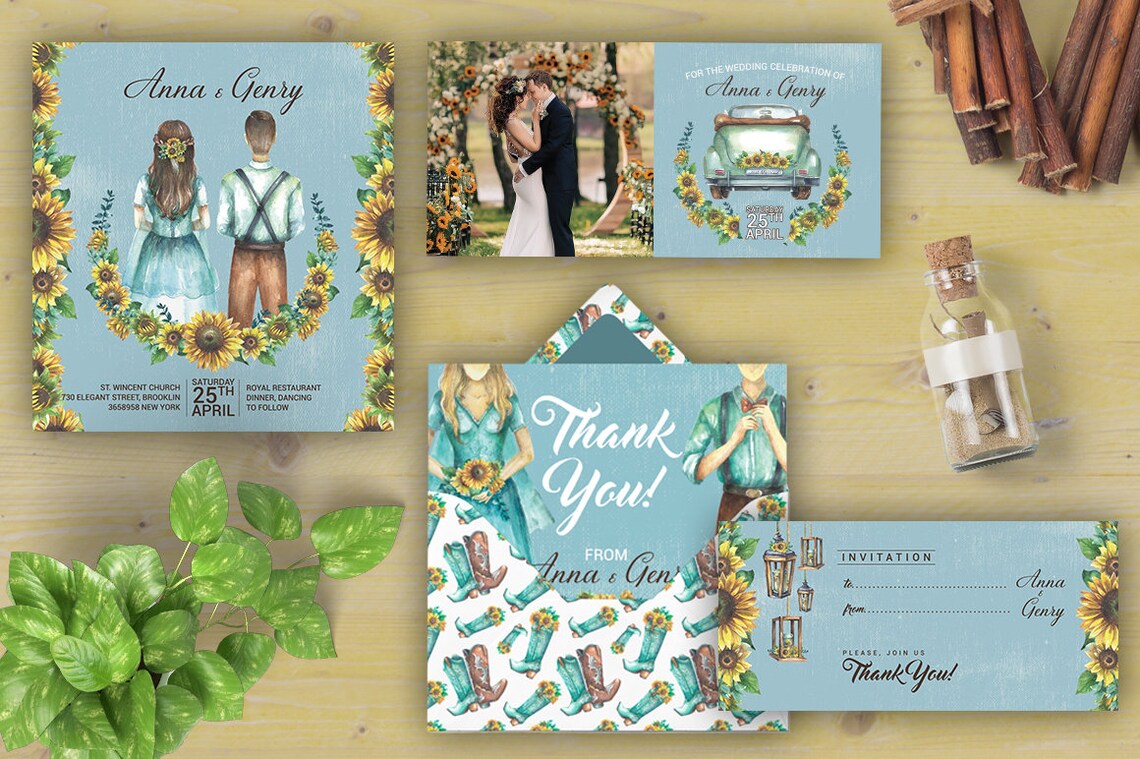 Sunflower Wedding Clipart Watercolor Png Wedding Car Etsy