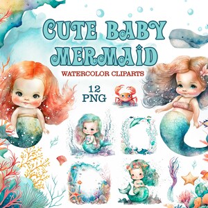 Op de afbeelding: Een set van 12 aquarel-clipart afbeeldingen met schattige baby-zeemeerminnen met rode, blauwe en groene staarten. De zeemeerminnen zijn omringd door koraal, zeesterren en andere oceaan-thema elementen. De tekst "Cute Baby Mermaid Watercolor Cliparts 12 PNG" is opgenomen in de afbeelding.