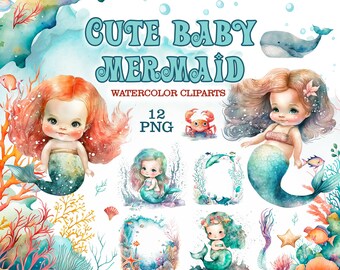 Aquarell Baby Meerjungfrau Clipart: Einladung Grafik (PNG)