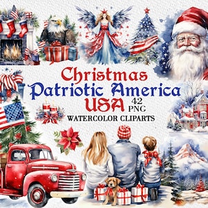 Christmas Patriotic Watercolor Clipart png, Christmas Wreath, Christmas Sublimation, Angel, Usa, Red truck, American Christmas, Eagle, Santa