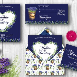 May include: A set of wedding invitations featuring a lavender theme. The invitations are navy blue with white lettering and a heart-shaped wreath of lavender. The RSVP card is white with a lavender pattern and a bucket of lavender. The thank you card is navy blue with white lettering and a lavender border.