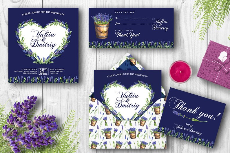 May include: A set of wedding invitations featuring a lavender theme. The invitations are navy blue with white lettering and a heart-shaped wreath of lavender. The RSVP card is white with a lavender pattern and a bucket of lavender. The thank you card is navy blue with white lettering and a lavender border.