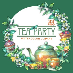Tea Party Watercolor Clipart, Tea party invitation, Birthday clipart, Teapot clipart, Floral clipart, Invitation clipart, Tea cups, Tea png