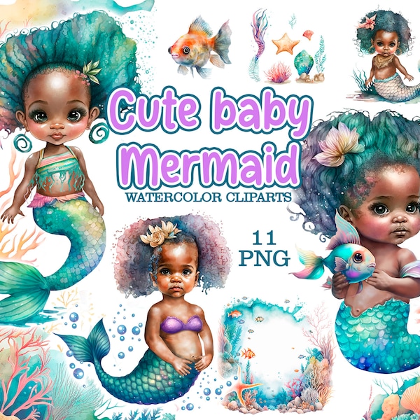 Black Girl Mermaid, Little Black Girl, African American Mermaid Illustration Watercolor Black Girl Mermaid Clipart PNG Graphics Cute Mermaid