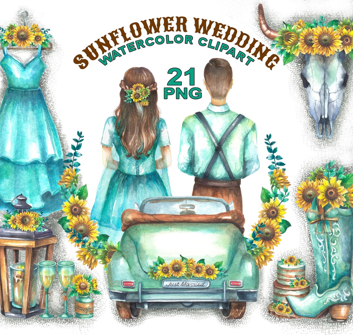 Sunflower Wedding Clipart Watercolor Png Wedding Car Etsy