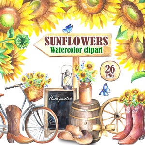 Sunflower Watercolor Clipart: Country Wedding Graphics (PNG)