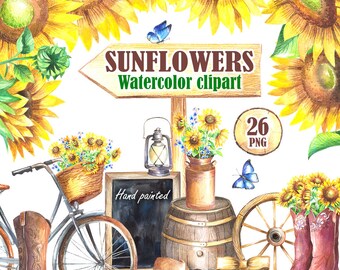 Sunflower watercolor clipart png Sunflower wedding Floral Wreath Bicycle Flower Country wedding clipart Cowboy Boots Chalkboard barrel png