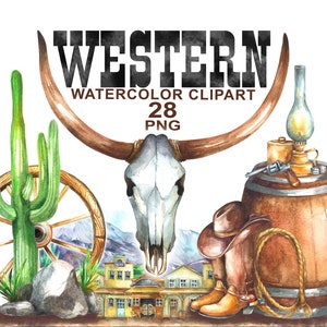 Acuarela Western Clipart, imágenes prediseñadas de vaquero, imágenes prediseñadas del oeste salvaje, imágenes prediseñadas del país, cráneo de acuarela, imágenes prediseñadas del suroeste, cactus de acuarela