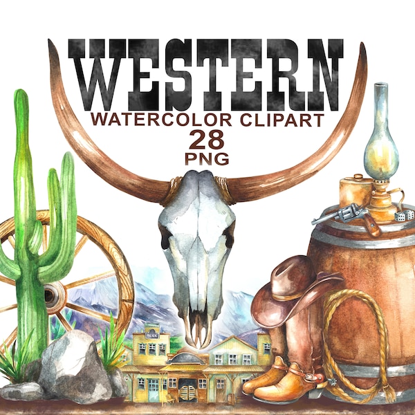 Watercolor Western Clipart, Cowboy clipart, Wild west clipart, Country clipart, Watercolor skull, Southwest clipart, Watercolor cactus