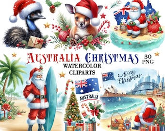 Clipart navideño australiano en acuarela: Animales australianos (Descarga digital PNG)
