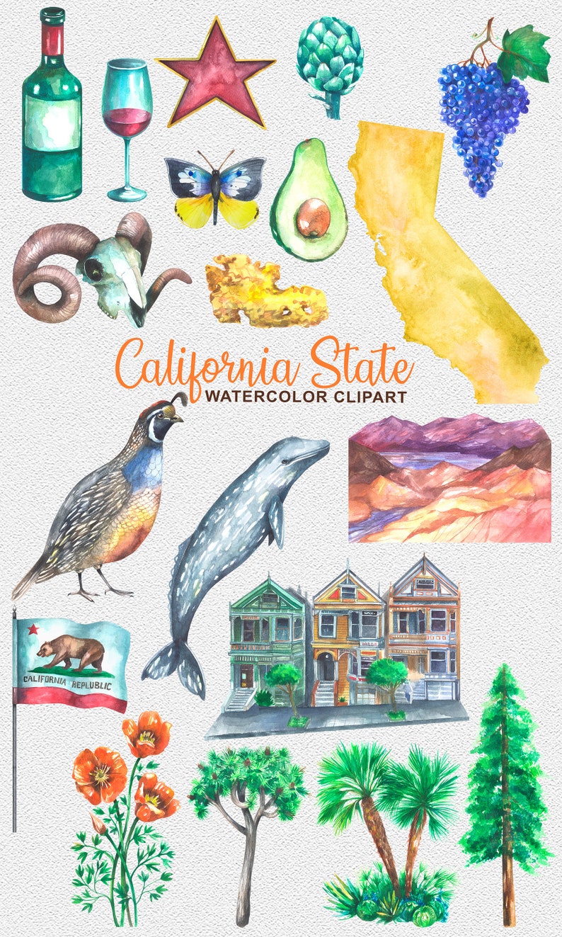 California State Clipart, Watercolor Png, California State Symbols