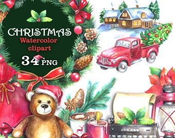 Clipart navideño de acuarela: Corona, camión, flor de Pascua (descarga digital PNG)