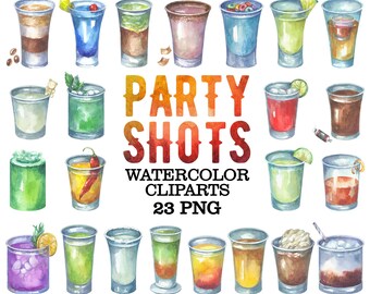 Watercolor Party Shots Clipart: Alcohol Drinks, Cocktails (23 PNG)