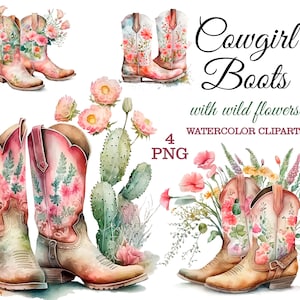 Cowgirl Stiefel, Wildblumen Stiefel, Aquarell Clipart, Cowgirl Clipart png, rosa Stiefel, Western Clipart, Blumen Stiefel Clipart, Landhochzeit