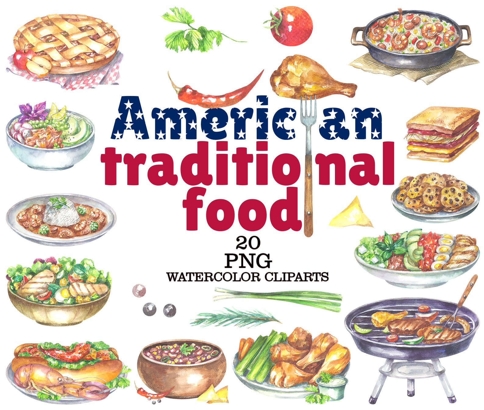 American Traditional Food Watercolor Clipart, Food Png, USA Food Clipart,  Food Illustration, Food Painting, Menu, Apple Pie, American Foods 